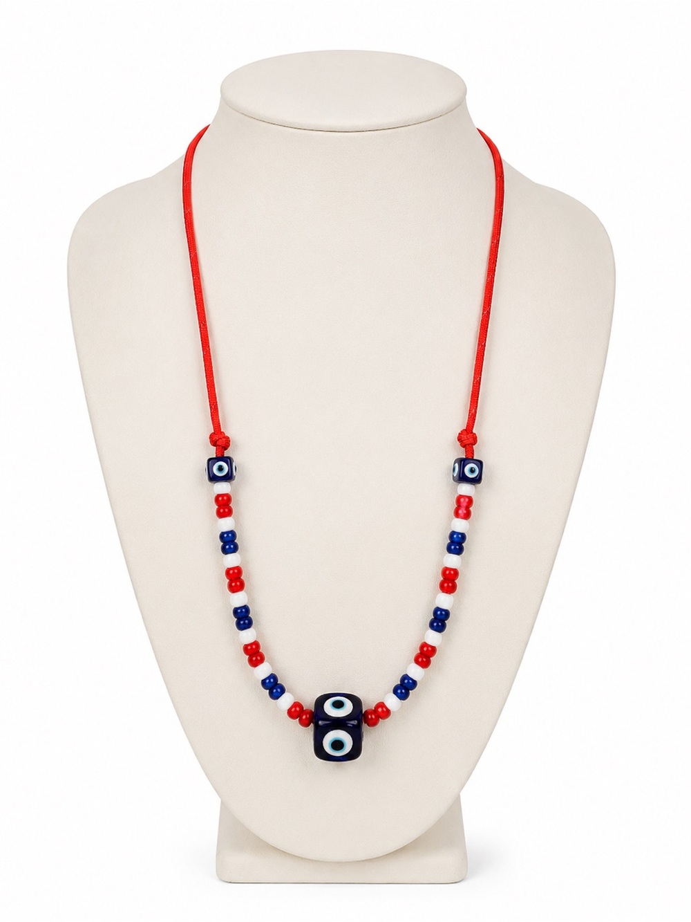 Audrey Limoges Collection Red, Blue & White Beaded Evil Eye Necklace